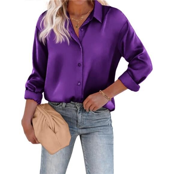 Women's Satin Silk Button-Down Blouse - Picture 1 of 7